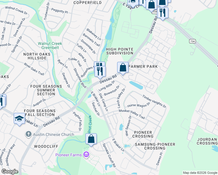 map of restaurants, bars, coffee shops, grocery stores, and more near 11704 Goddard Bluff Cove in Austin