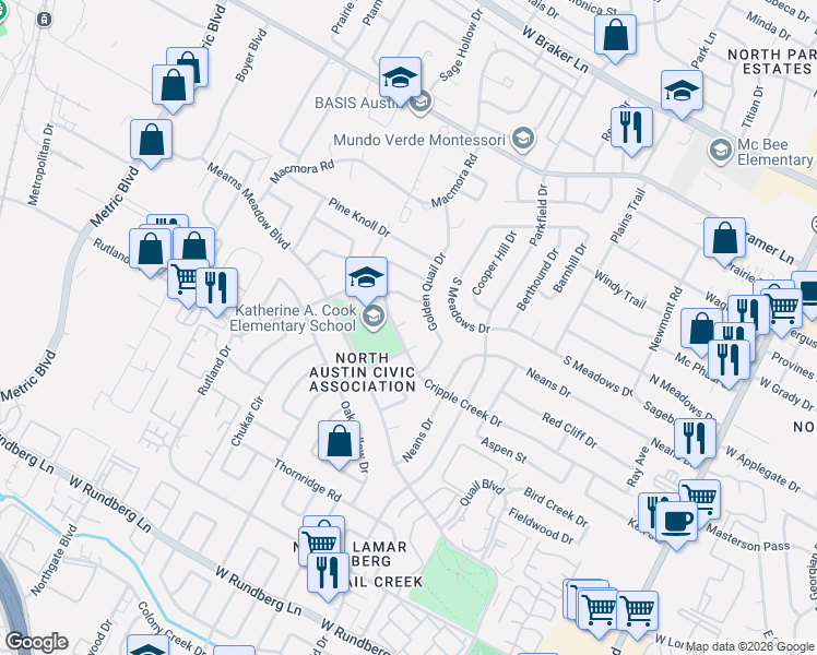 map of restaurants, bars, coffee shops, grocery stores, and more near 10405 Golden Quail Drive in Austin