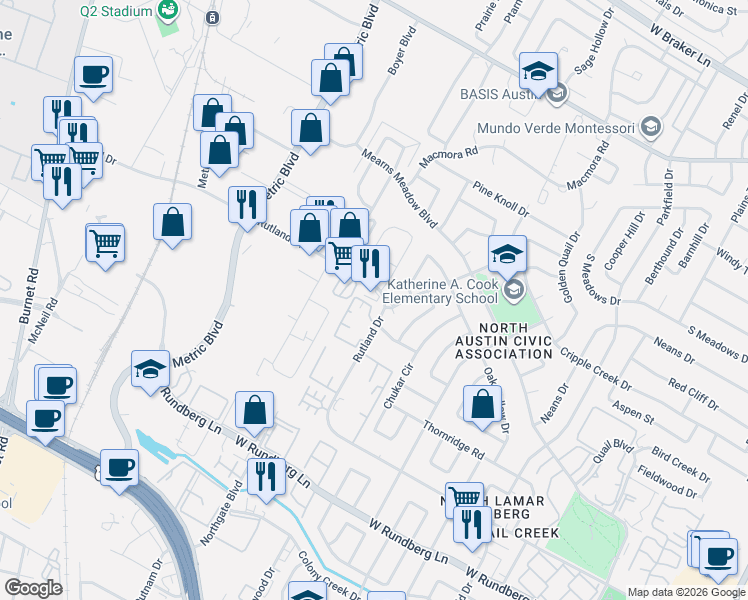 map of restaurants, bars, coffee shops, grocery stores, and more near 10003 Rutland Village East in Austin