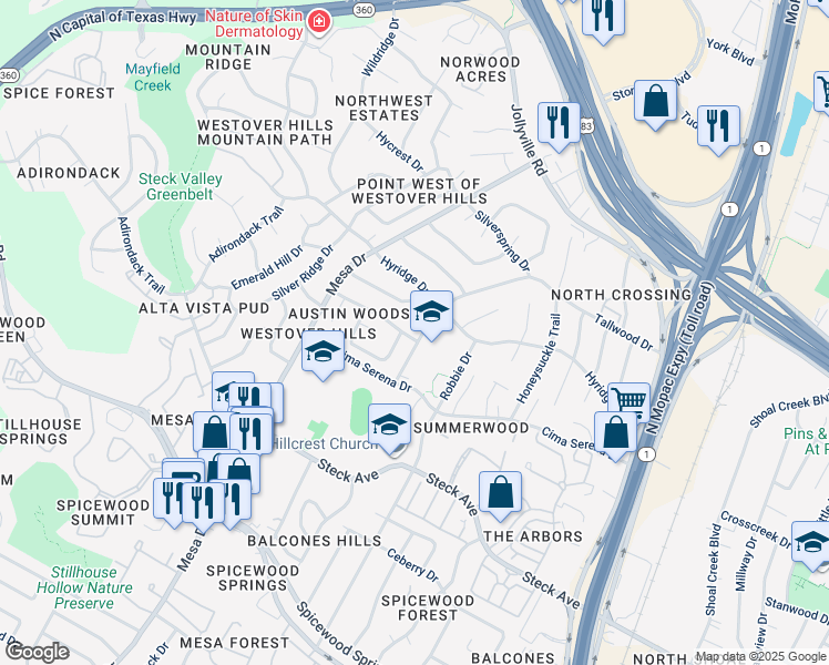 map of restaurants, bars, coffee shops, grocery stores, and more near 8610 Tallwood Drive in Austin