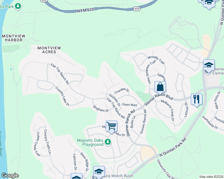 map of restaurants, bars, coffee shops, grocery stores, and more near 3417 Zebecca Creek Drive in Austin