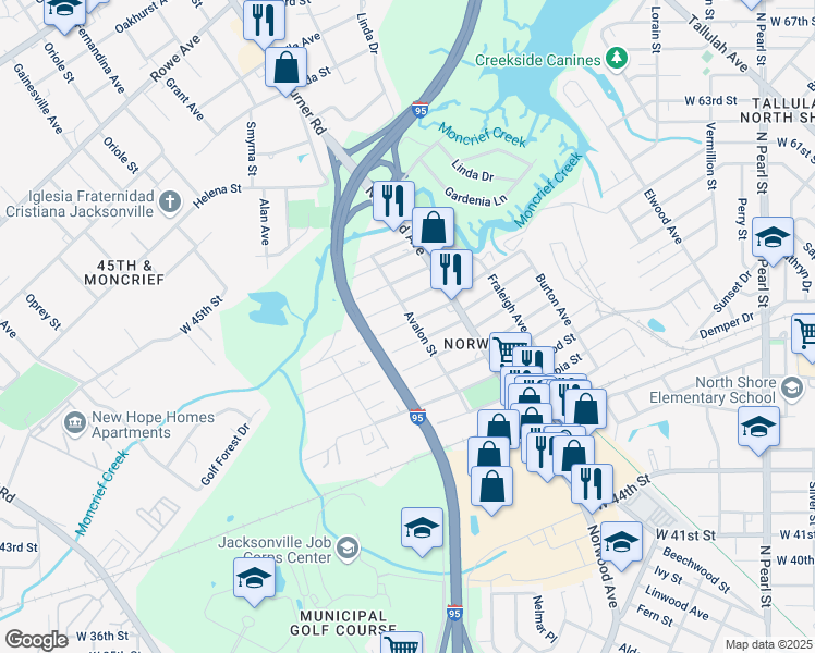 map of restaurants, bars, coffee shops, grocery stores, and more near 6510 Avalon Street in Jacksonville