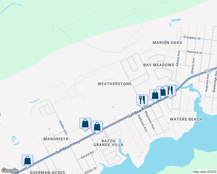 map of restaurants, bars, coffee shops, grocery stores, and more near 3890 Weatherstone Circle in Pensacola