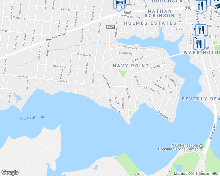 map of restaurants, bars, coffee shops, grocery stores, and more near 103 Cousineau Road in Pensacola