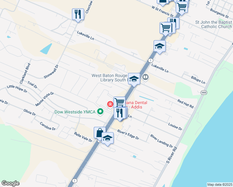 map of restaurants, bars, coffee shops, grocery stores, and more near 6454 Louisiana 1 in Brusly