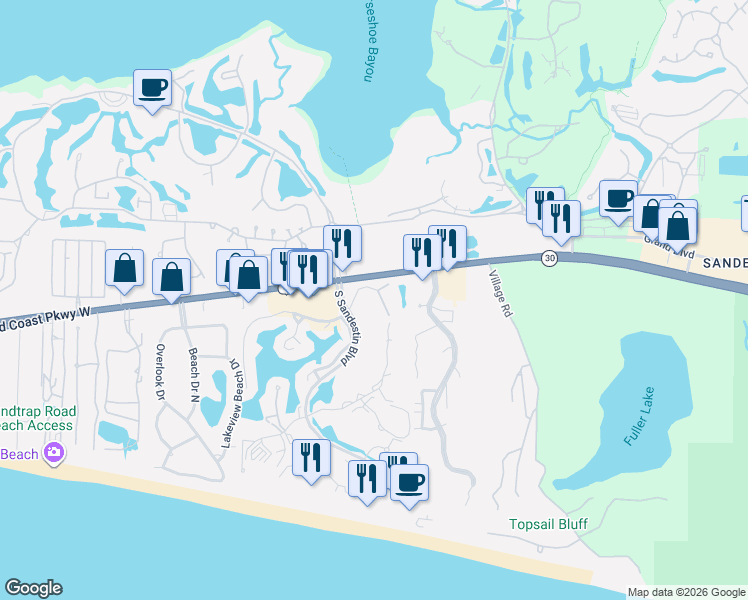 map of restaurants, bars, coffee shops, grocery stores, and more near 5352 Pine Ridge Lane in Miramar Beach