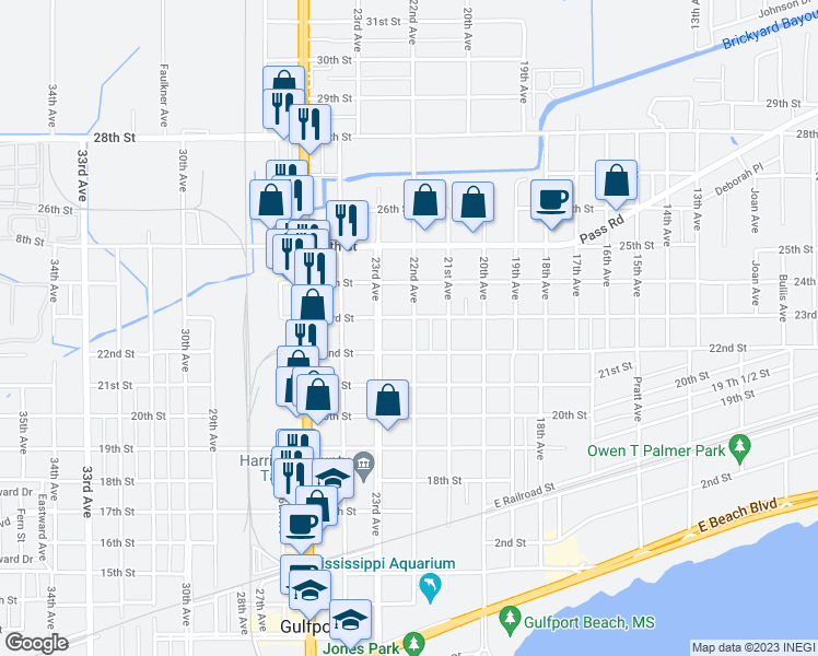 map of restaurants, bars, coffee shops, grocery stores, and more near 2219 22nd Avenue in Gulfport