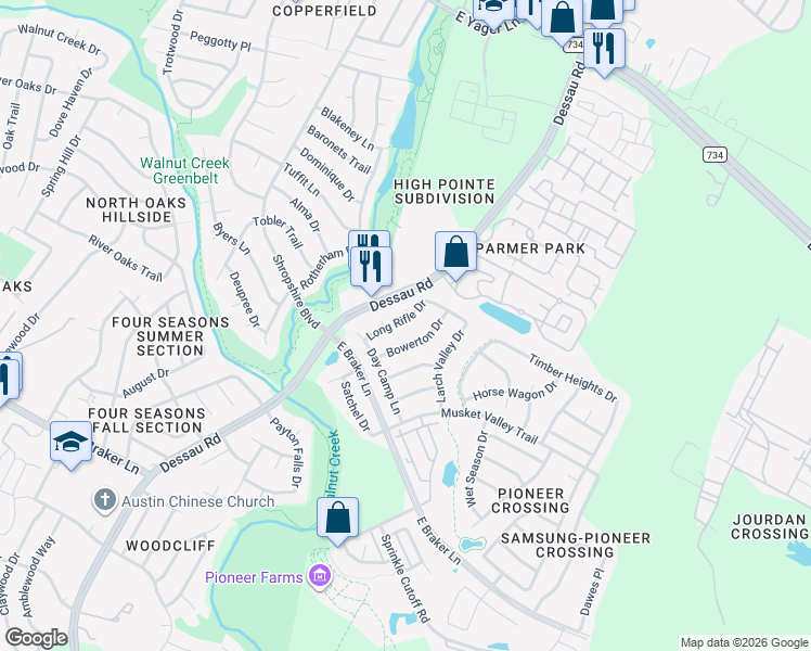map of restaurants, bars, coffee shops, grocery stores, and more near 11704 Goddard Bluff Cove in Austin