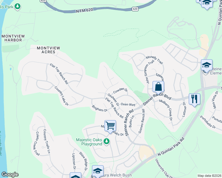 map of restaurants, bars, coffee shops, grocery stores, and more near 3417 Zebecca Creek Drive in Austin