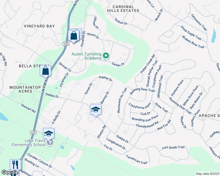 map of restaurants, bars, coffee shops, grocery stores, and more near 1501 Barney Drive in Austin