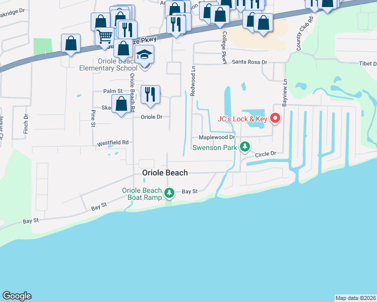 map of restaurants, bars, coffee shops, grocery stores, and more near 1119 Redwood Lane in Gulf Breeze