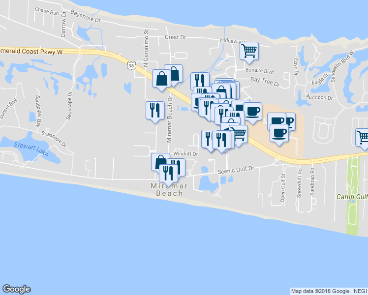 map of restaurants, bars, coffee shops, grocery stores, and more near 61 Green Island Way in Miramar Beach