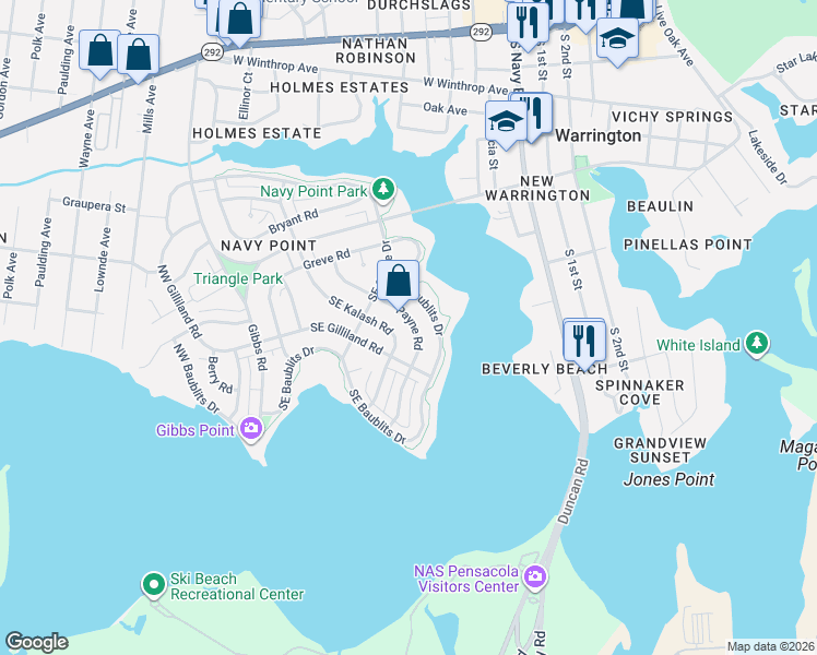 map of restaurants, bars, coffee shops, grocery stores, and more near 214 Payne Road in Pensacola