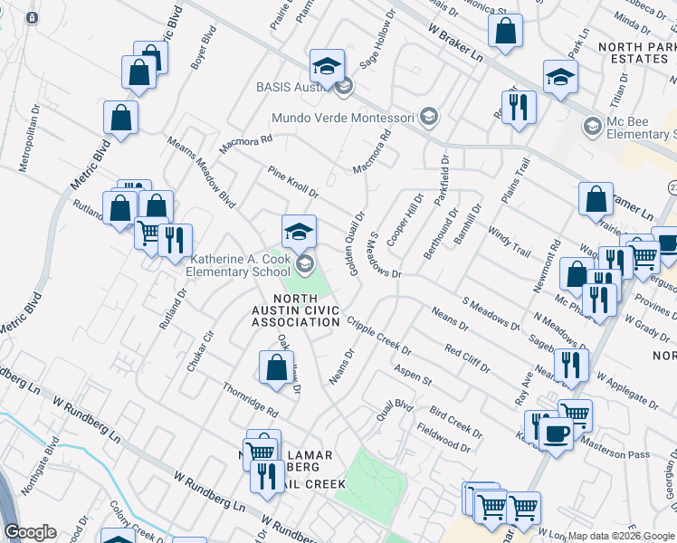 map of restaurants, bars, coffee shops, grocery stores, and more near 10405 Golden Quail Drive in Austin
