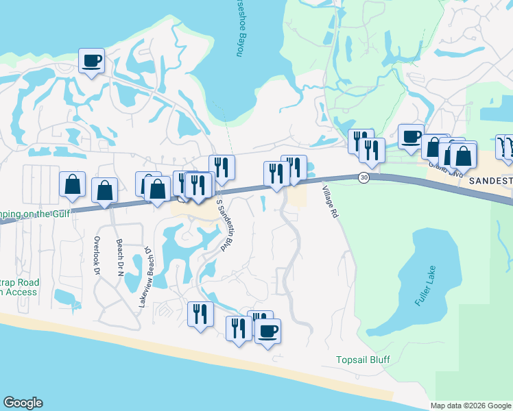 map of restaurants, bars, coffee shops, grocery stores, and more near 5383 Pine Ridge Lane in Miramar Beach