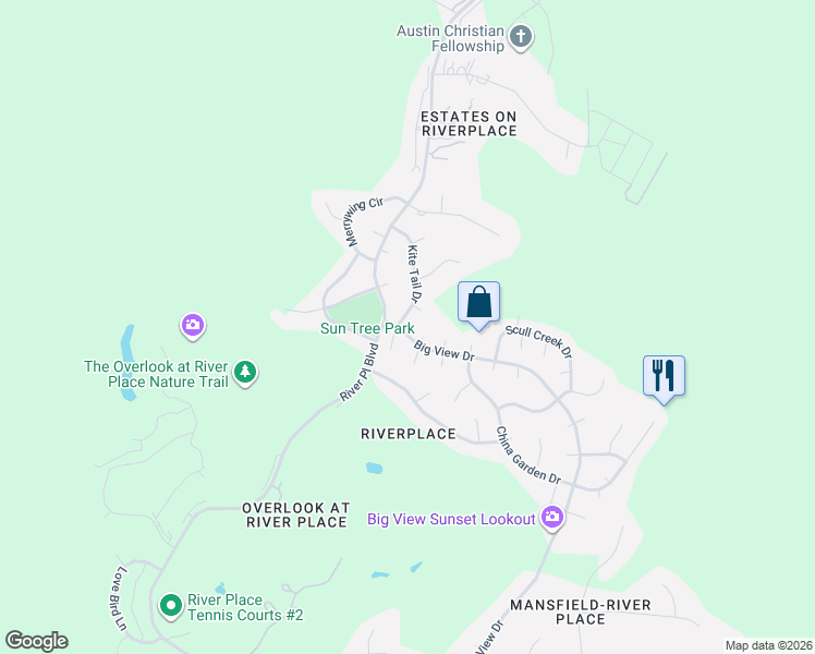 map of restaurants, bars, coffee shops, grocery stores, and more near 5303 River Place Boulevard in Austin