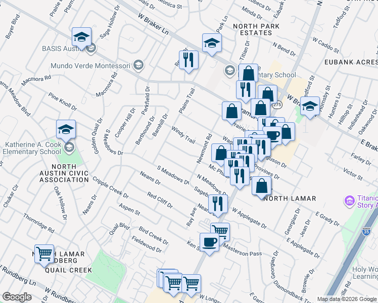 map of restaurants, bars, coffee shops, grocery stores, and more near 1102 Fauntleroy Trail in Austin
