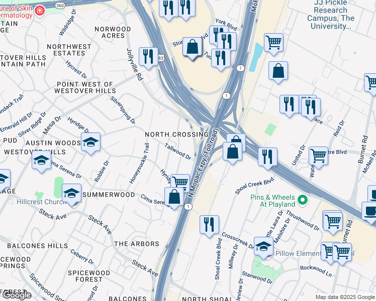 map of restaurants, bars, coffee shops, grocery stores, and more near 8888 Tallwood Drive in Austin