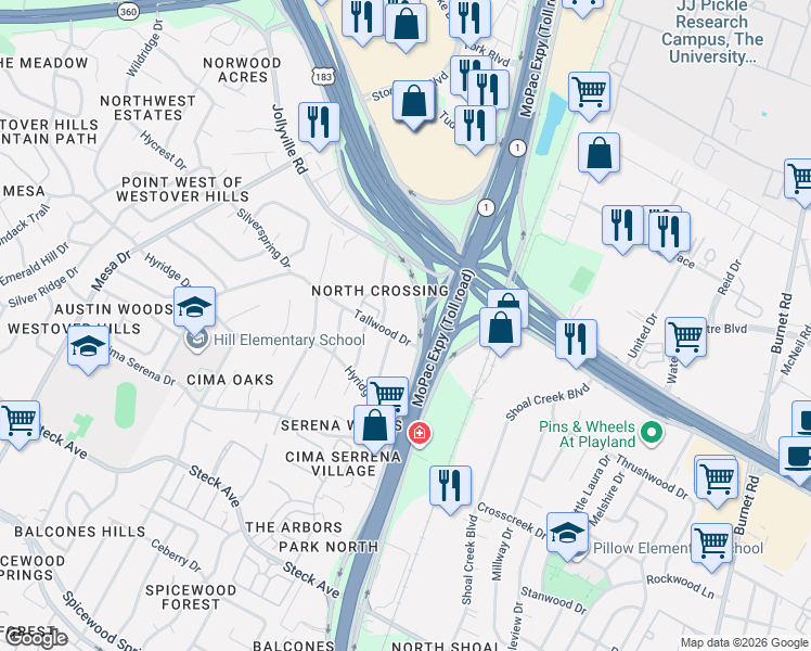 map of restaurants, bars, coffee shops, grocery stores, and more near 8888 Tallwood Drive in Austin