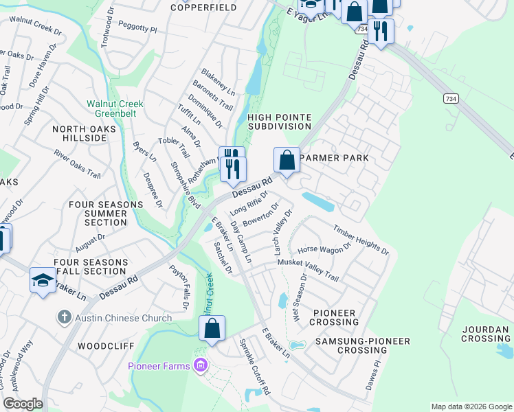 map of restaurants, bars, coffee shops, grocery stores, and more near 11704 Goddard Bluff Cove in Austin