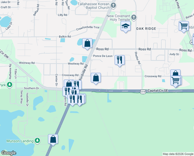 map of restaurants, bars, coffee shops, grocery stores, and more near 408 Crossway Road in Tallahassee