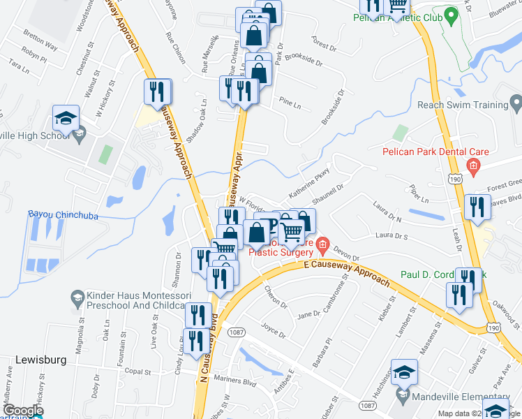 map of restaurants, bars, coffee shops, grocery stores, and more near 476 Devon Drive in Mandeville