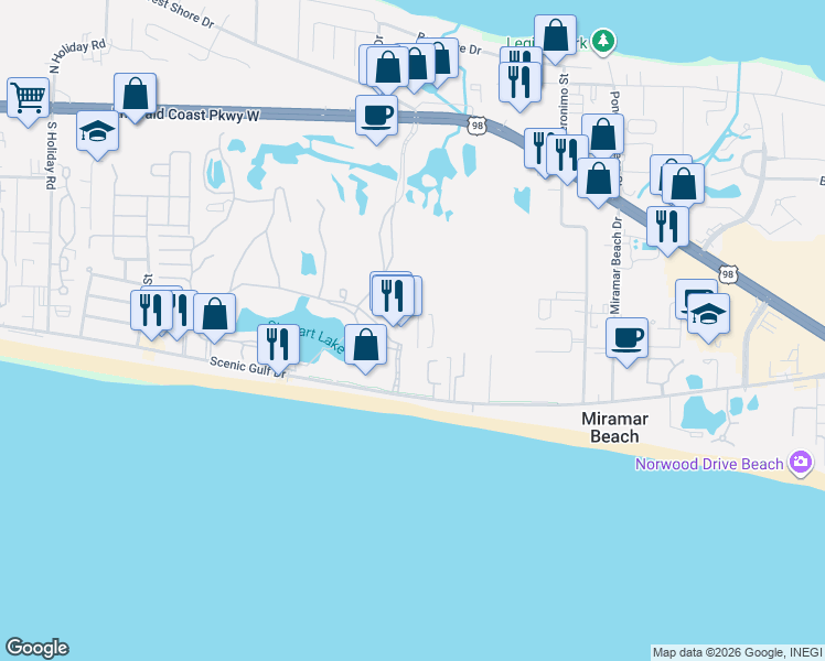 map of restaurants, bars, coffee shops, grocery stores, and more near in Miramar Beach