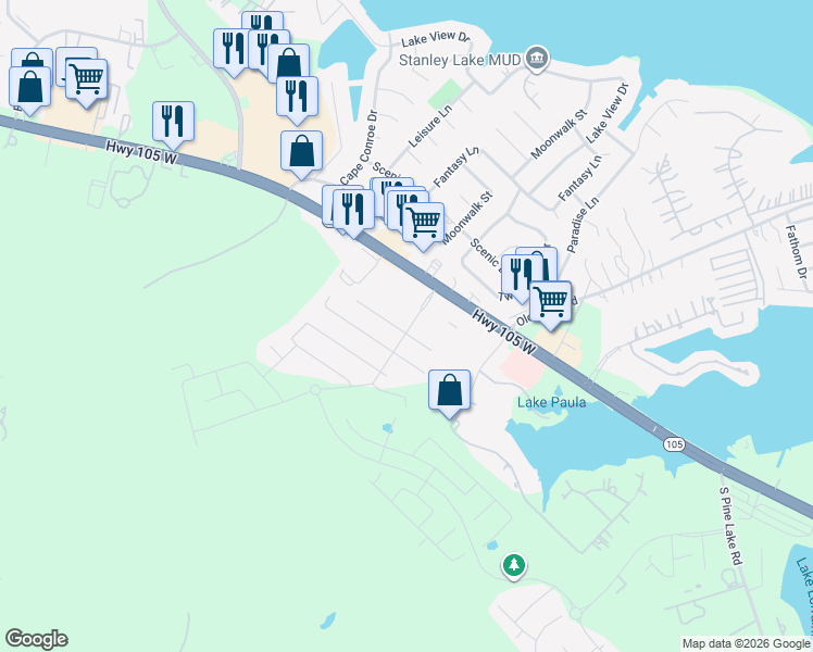 map of restaurants, bars, coffee shops, grocery stores, and more near 18428 Sunrise Oaks Court in Montgomery