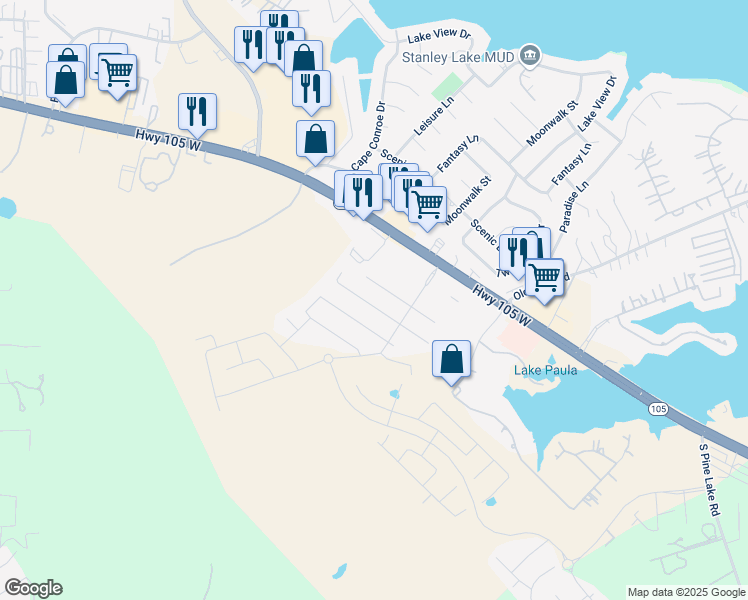 map of restaurants, bars, coffee shops, grocery stores, and more near 18457 Sunrise Oaks Court in Montgomery