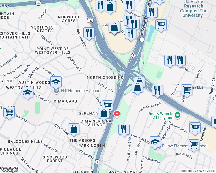 map of restaurants, bars, coffee shops, grocery stores, and more near 8800 Business Park Drive in Austin