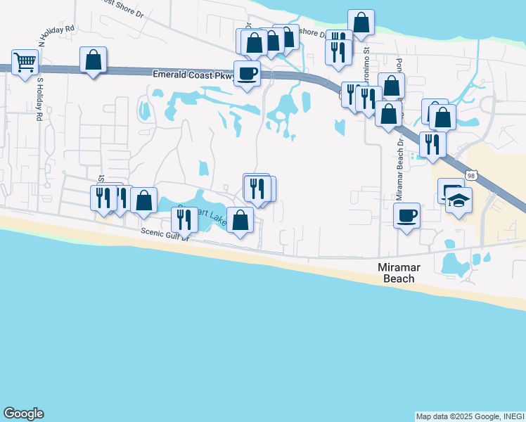 map of restaurants, bars, coffee shops, grocery stores, and more near 112 Seascape Drive in Miramar Beach