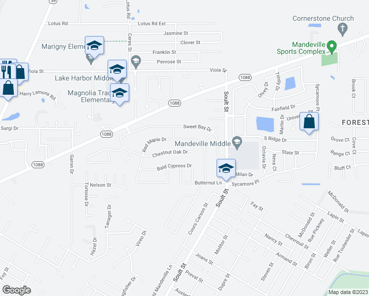 map of restaurants, bars, coffee shops, grocery stores, and more near 251 Chestnut Oak Drive in Mandeville