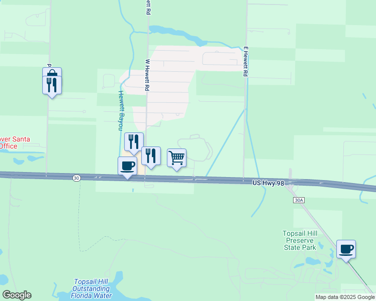 map of restaurants, bars, coffee shops, grocery stores, and more near 93 Dune Lakes Circle in Santa Rosa Beach