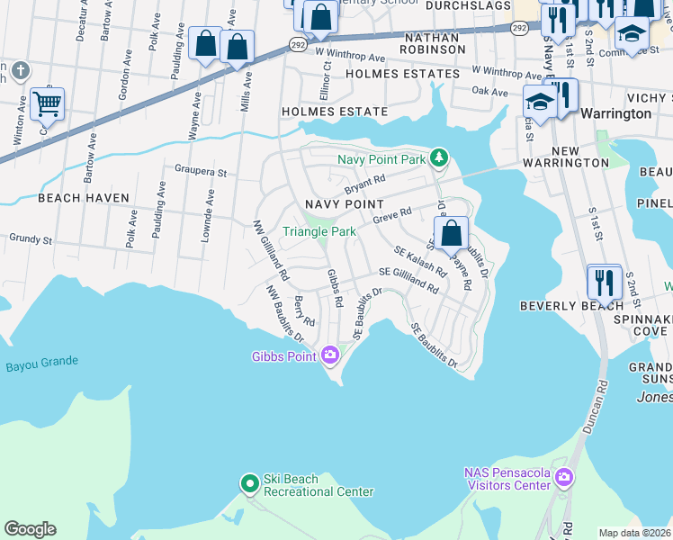 map of restaurants, bars, coffee shops, grocery stores, and more near 414 Greve Road in Pensacola