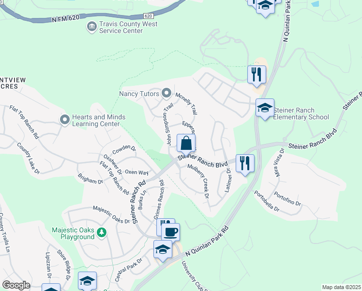 map of restaurants, bars, coffee shops, grocery stores, and more near 12611 Grierson Trail in Austin