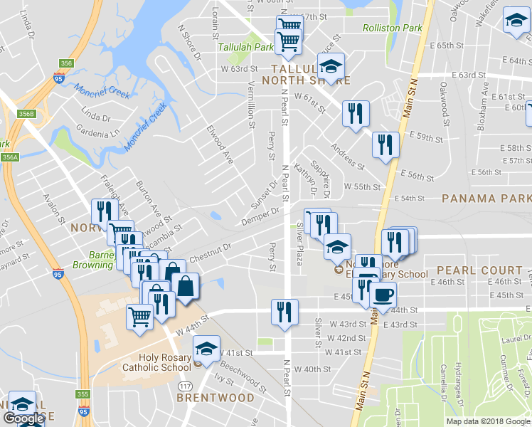 map of restaurants, bars, coffee shops, grocery stores, and more near 6400 Cross Avenue in Jacksonville