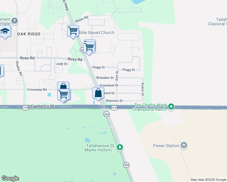 map of restaurants, bars, coffee shops, grocery stores, and more near 725 Greenleaf Drive in Tallahassee