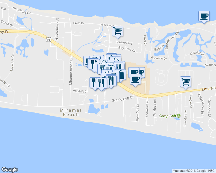 map of restaurants, bars, coffee shops, grocery stores, and more near 58 Poinciana Boulevard in Miramar Beach