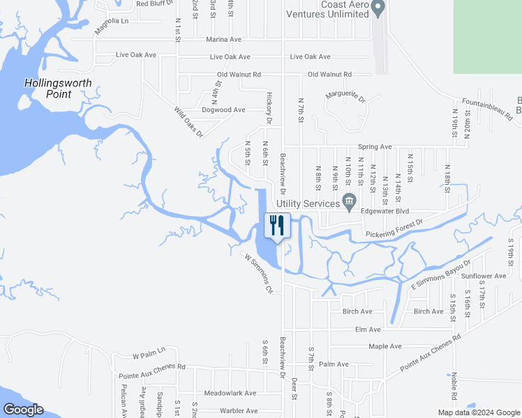 map of restaurants, bars, coffee shops, grocery stores, and more near 2421 Beachview Drive in Ocean Springs