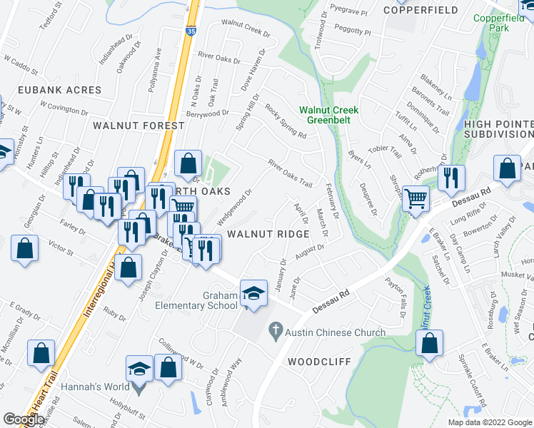 map of restaurants, bars, coffee shops, grocery stores, and more near 11508 Walnut Ridge Drive in Austin