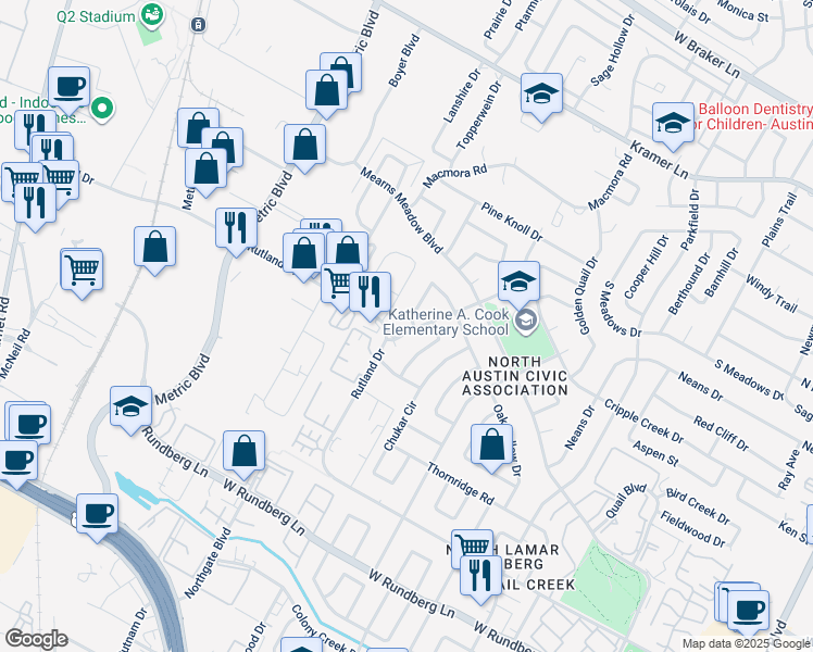 map of restaurants, bars, coffee shops, grocery stores, and more near 10003 Rutland Village East in Austin
