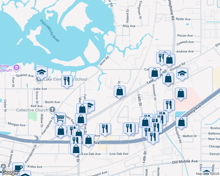 map of restaurants, bars, coffee shops, grocery stores, and more near 2001 Cauley Lane in Pascagoula