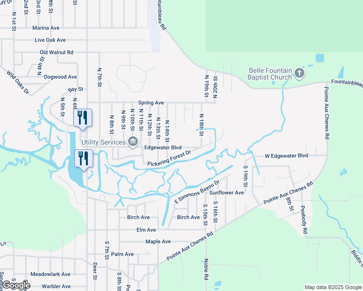 map of restaurants, bars, coffee shops, grocery stores, and more near 8512 Edgewater Boulevard in Ocean Springs