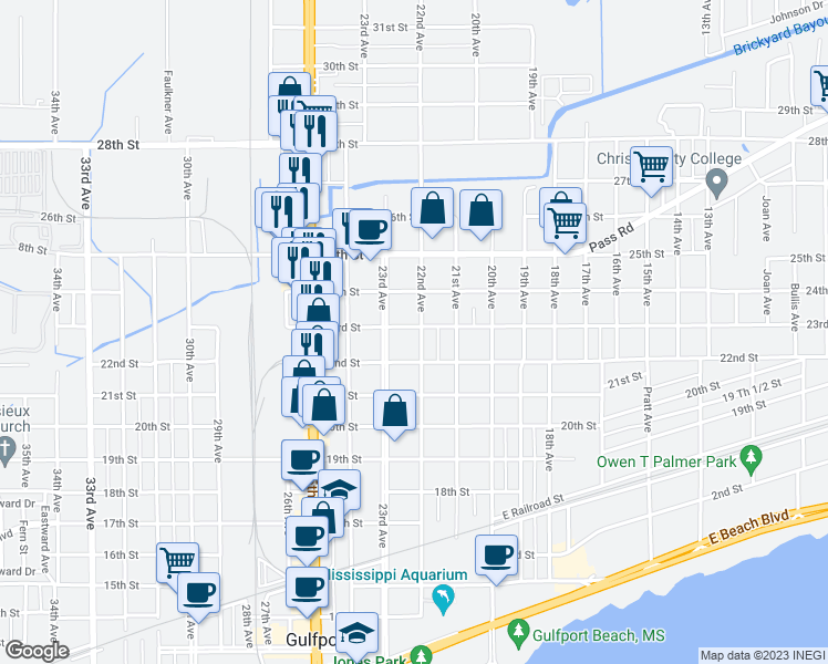 map of restaurants, bars, coffee shops, grocery stores, and more near 2227 22nd Avenue in Gulfport