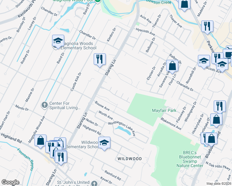 map of restaurants, bars, coffee shops, grocery stores, and more near 740 Hudson's Way in Baton Rouge