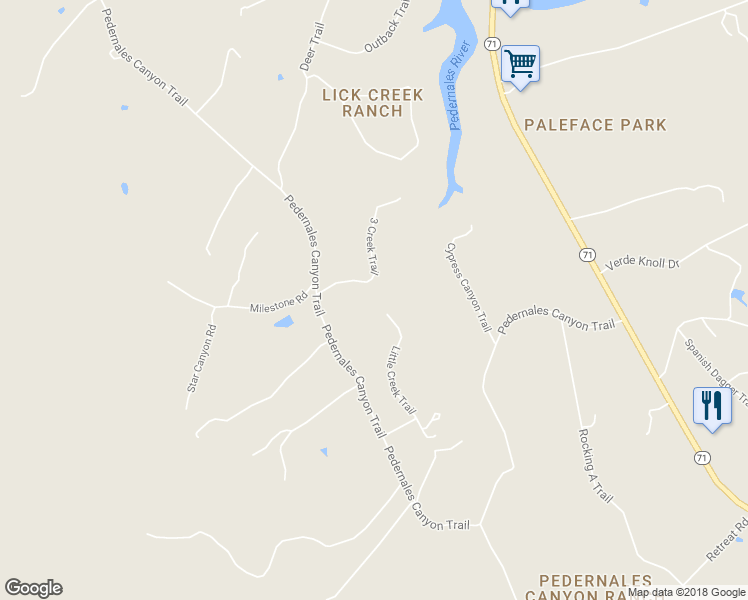 map of restaurants, bars, coffee shops, grocery stores, and more near 23610 Pedernales Canyon Trail in Spicewood