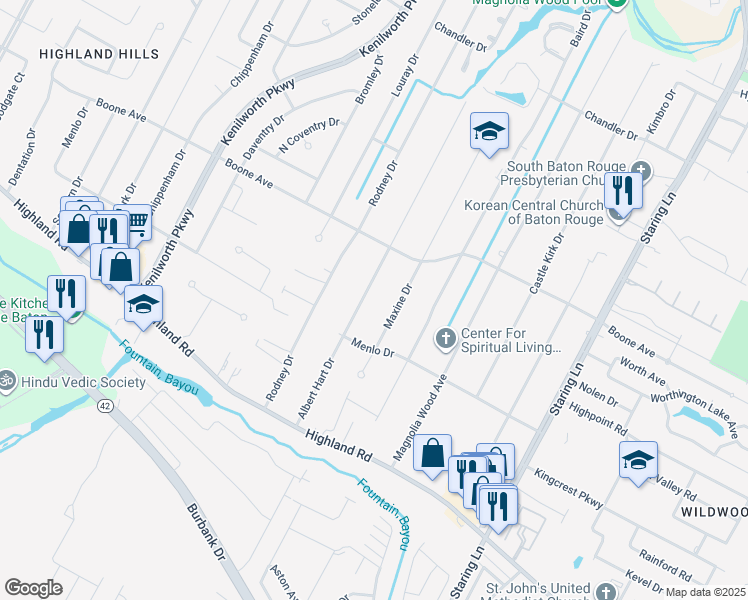map of restaurants, bars, coffee shops, grocery stores, and more near 412 Albert Hart Drive in Baton Rouge