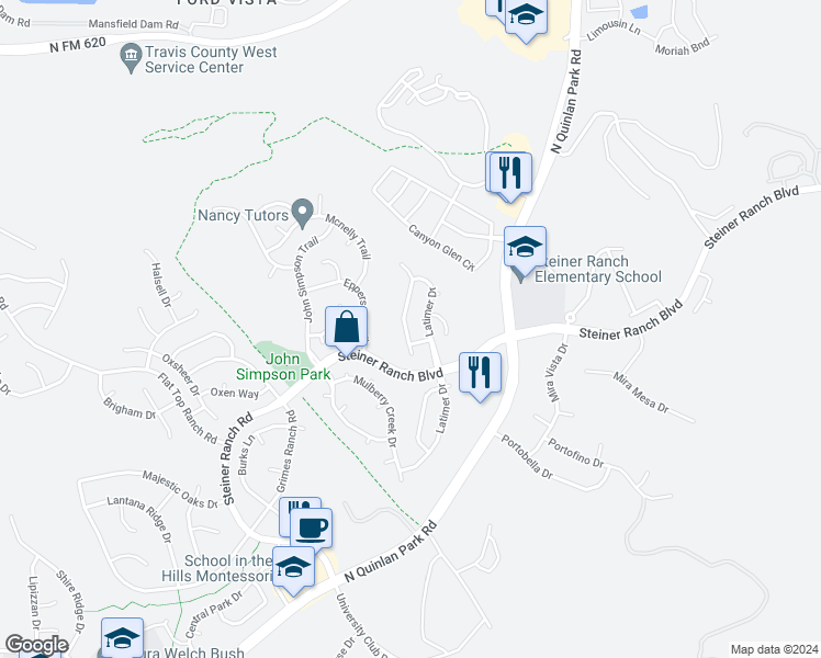 map of restaurants, bars, coffee shops, grocery stores, and more near 3801 Caney Creek Road in Austin