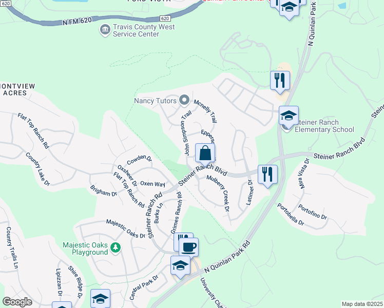 map of restaurants, bars, coffee shops, grocery stores, and more near 12614 Grierson Trail in Austin