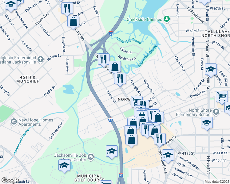 map of restaurants, bars, coffee shops, grocery stores, and more near 940 Glencarin Street in Jacksonville